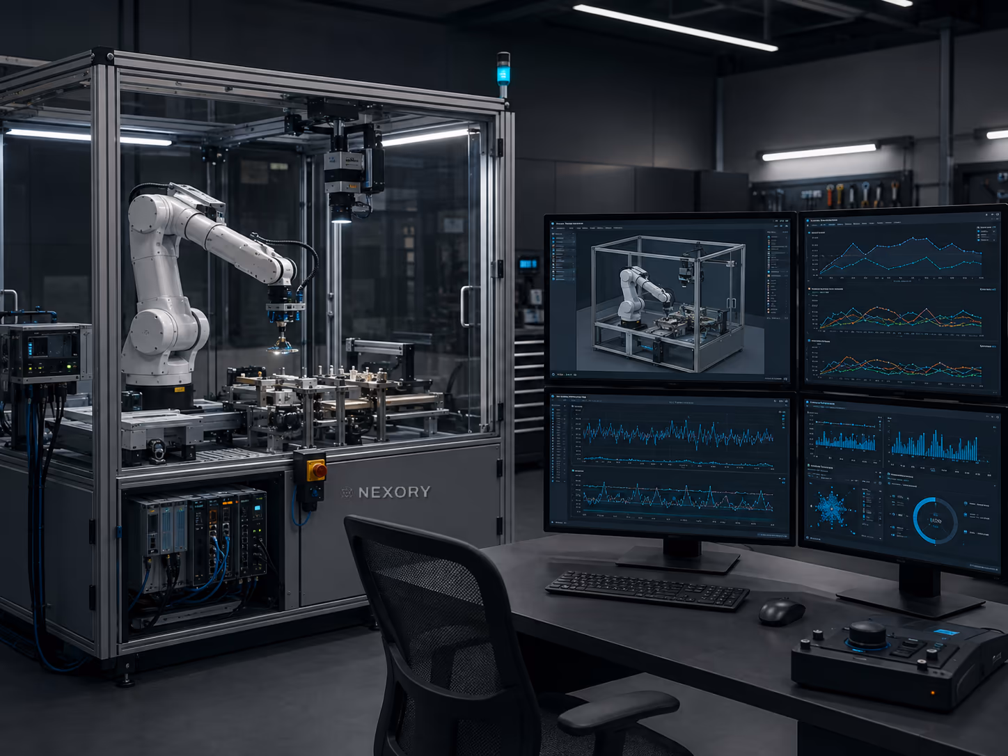 Industrial robot workcell beside operator monitors showing its matching 3D digital twin model and live telemetry