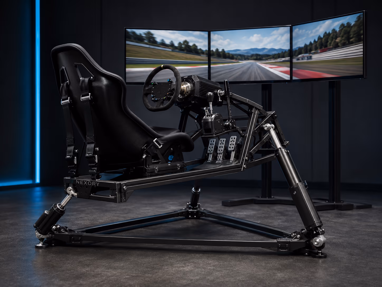 Three-axis racing simulator with a professional seat, steering and pedal system on a rigid metal motion platform