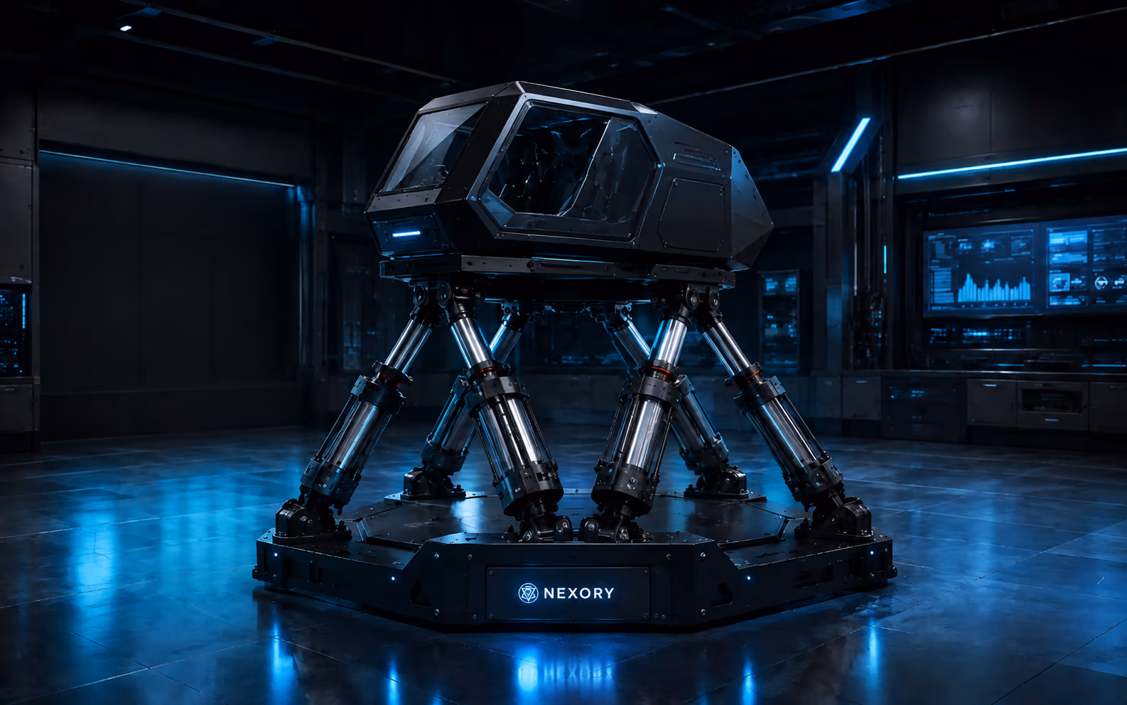 Nexory-branded six-actuator motion platform with an enclosed simulator cabin in a dark engineering lab